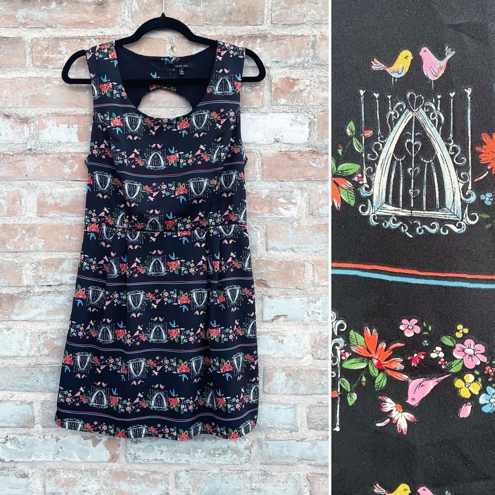 Three Ena Dress Black Twee Bird Floral Print Stretch Shift Dress Modcloth